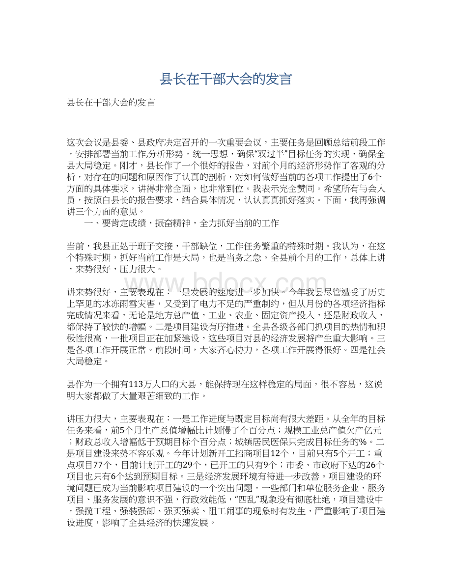 县长在干部大会的发言文档格式.docx_第1页