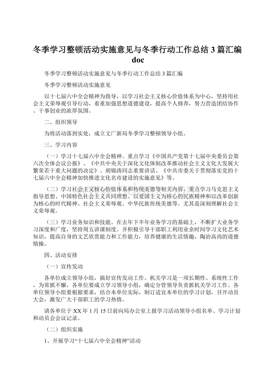 冬季学习整顿活动实施意见与冬季行动工作总结3篇汇编docWord文档下载推荐.docx_第1页