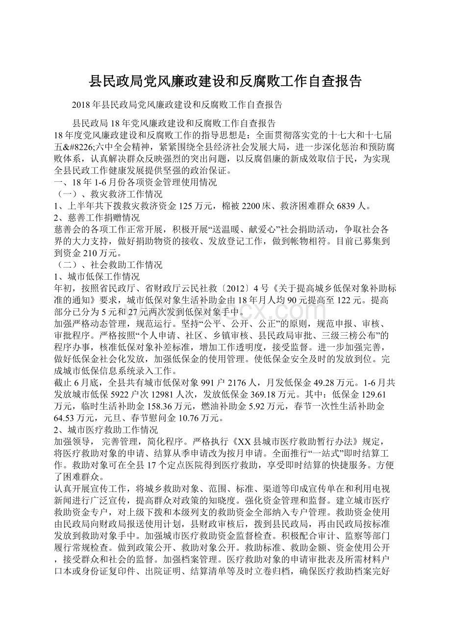 县民政局党风廉政建设和反腐败工作自查报告Word格式.docx