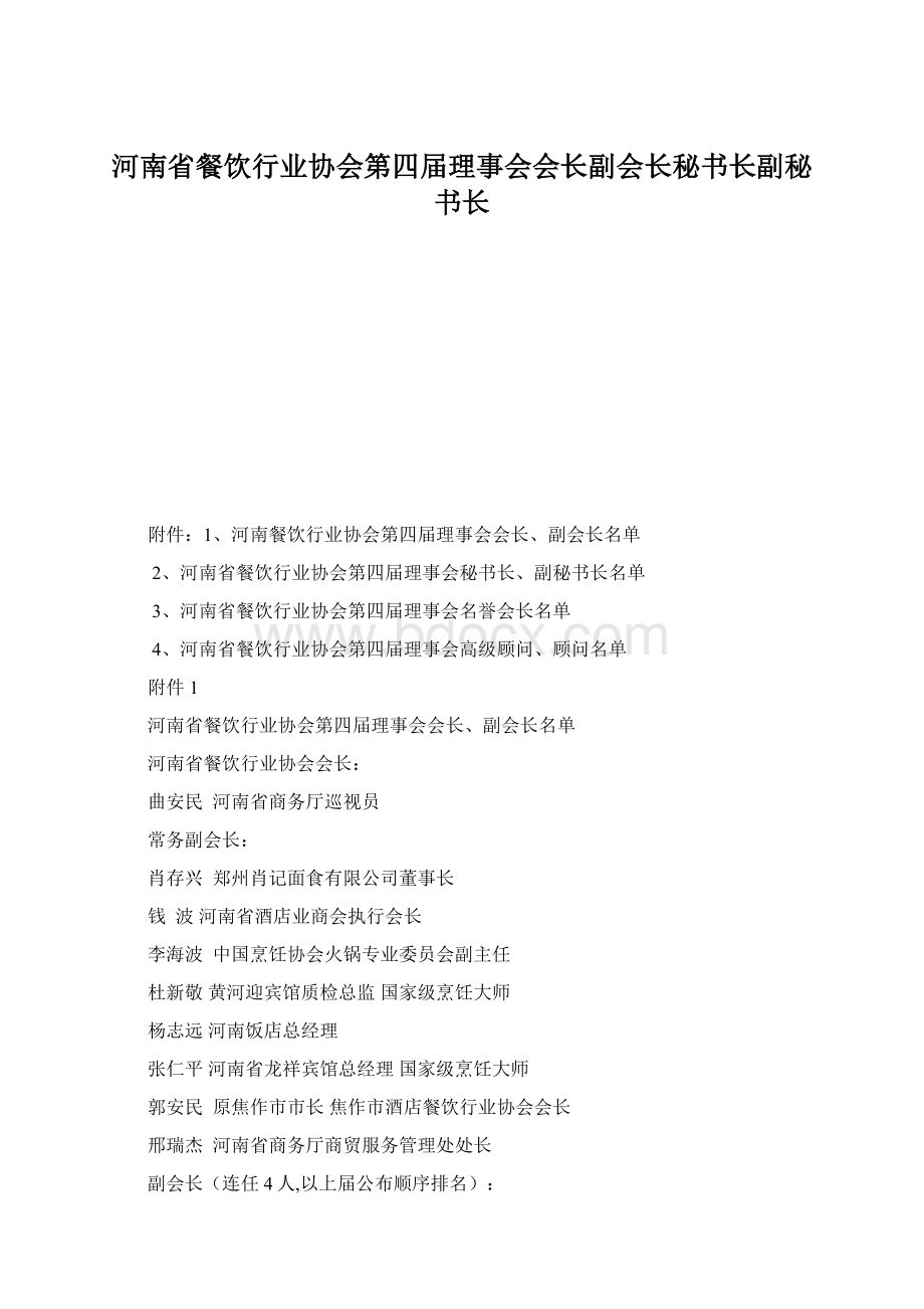 河南省餐饮行业协会第四届理事会会长副会长秘书长副秘书长Word文档格式.docx