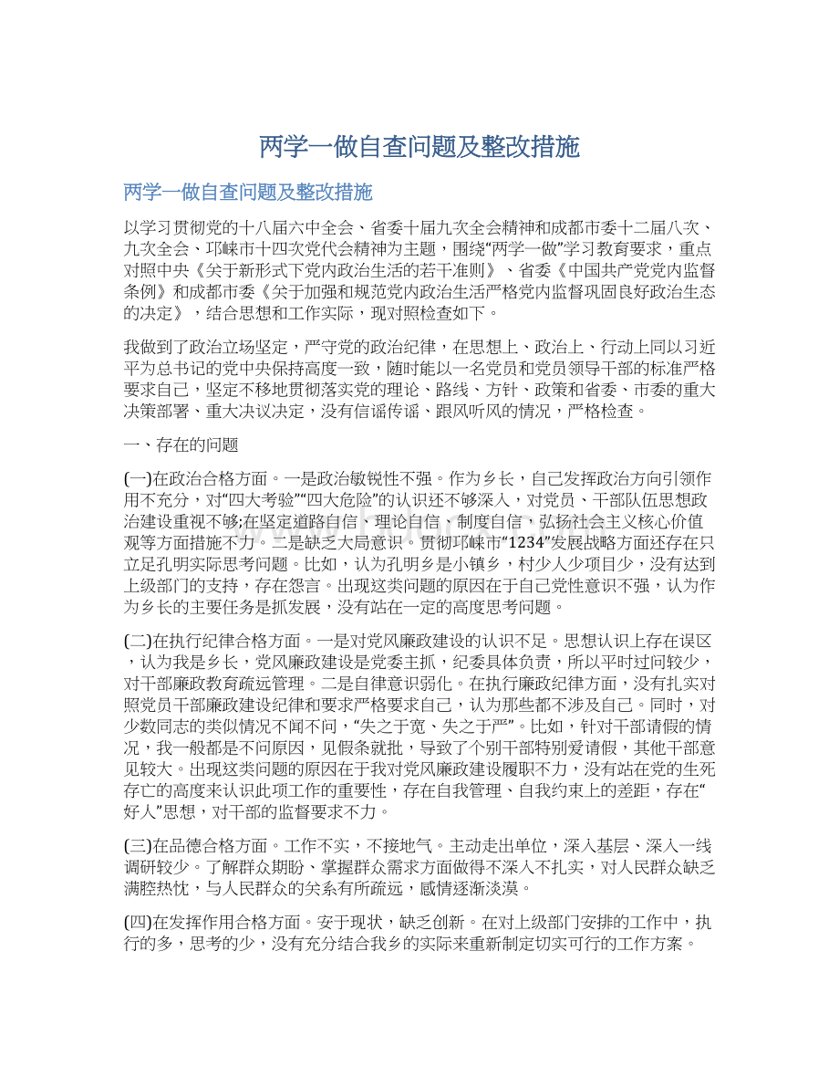 两学一做自查问题及整改措施Word文档格式.docx