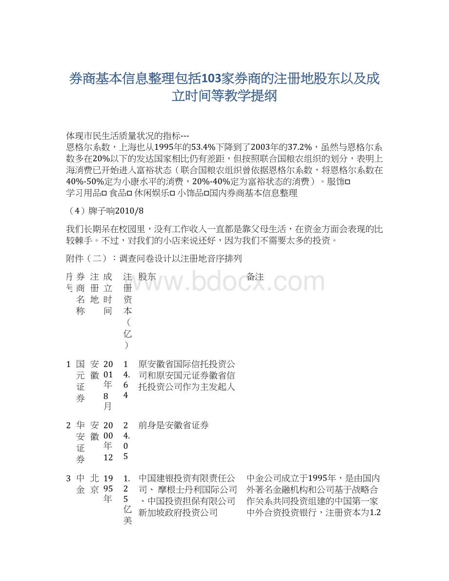 券商基本信息整理包括103家券商的注册地股东以及成立时间等教学提纲.docx_第1页