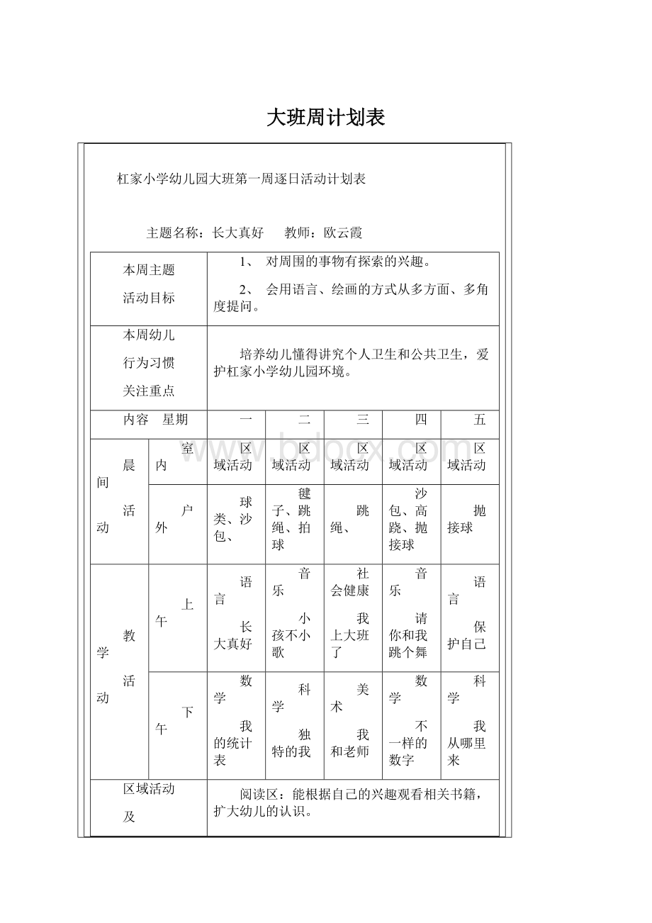 大班周计划表Word格式文档下载.docx