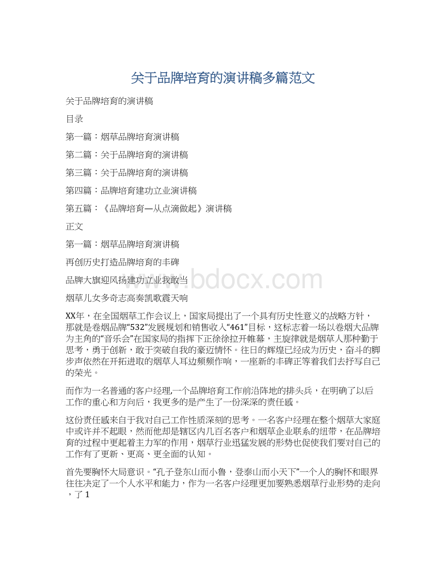 关于品牌培育的演讲稿多篇范文Word文档格式.docx