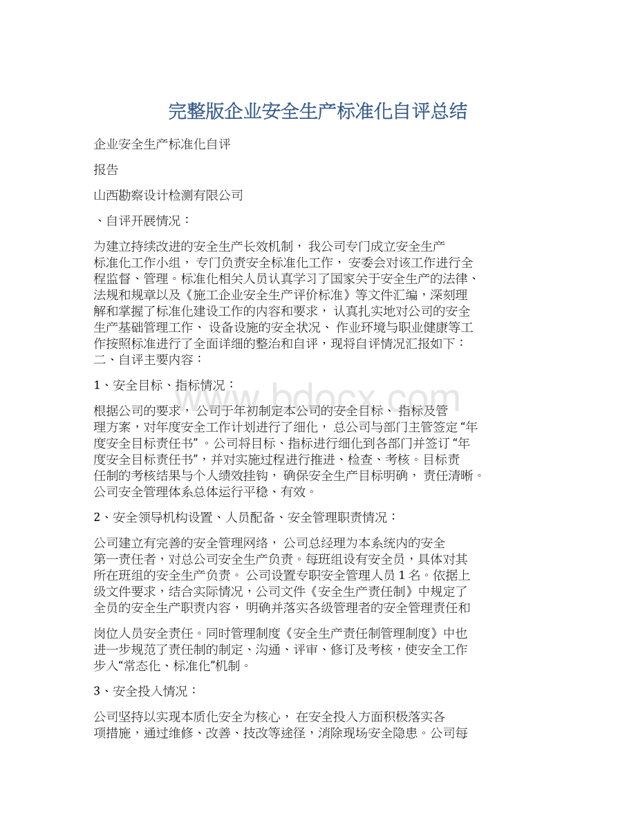 完整版企业安全生产标准化自评总结Word文档格式.docx