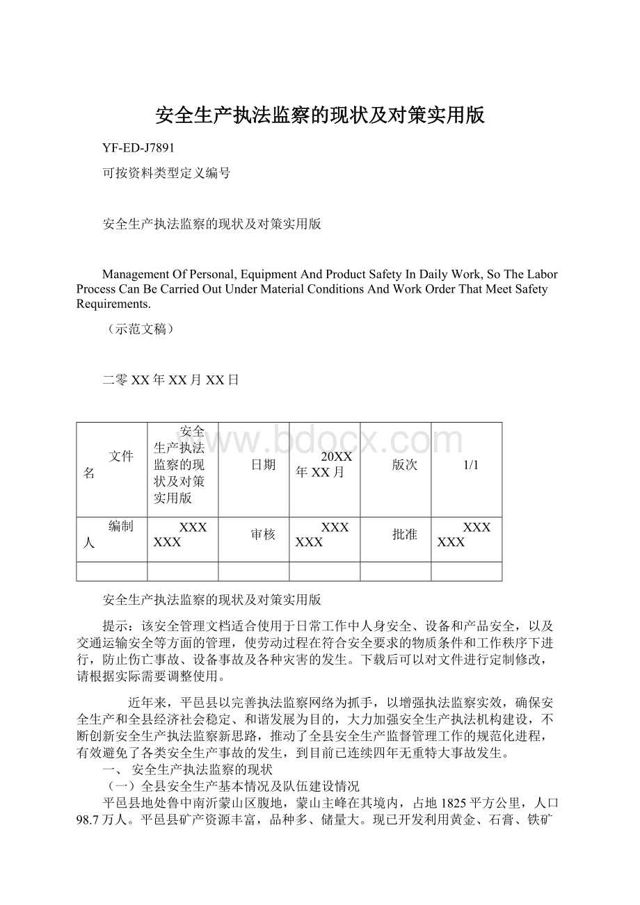 安全生产执法监察的现状及对策实用版Word格式.docx