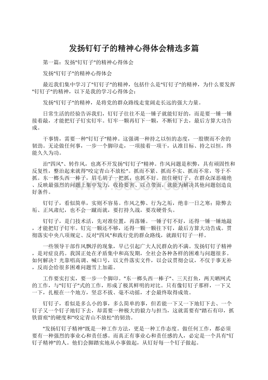 发扬钉钉子的精神心得体会精选多篇Word文档格式.docx