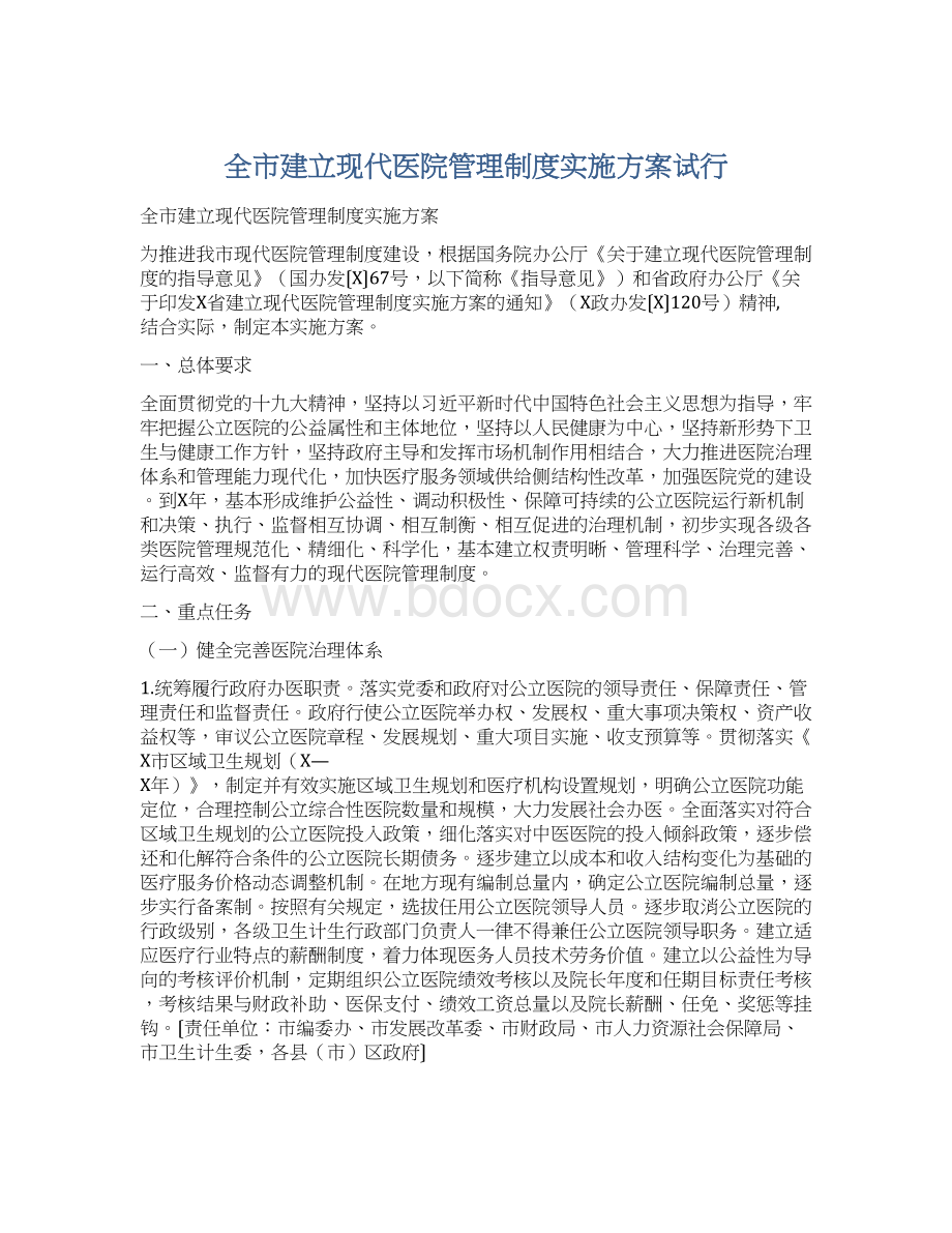 全市建立现代医院管理制度实施方案试行Word格式.docx