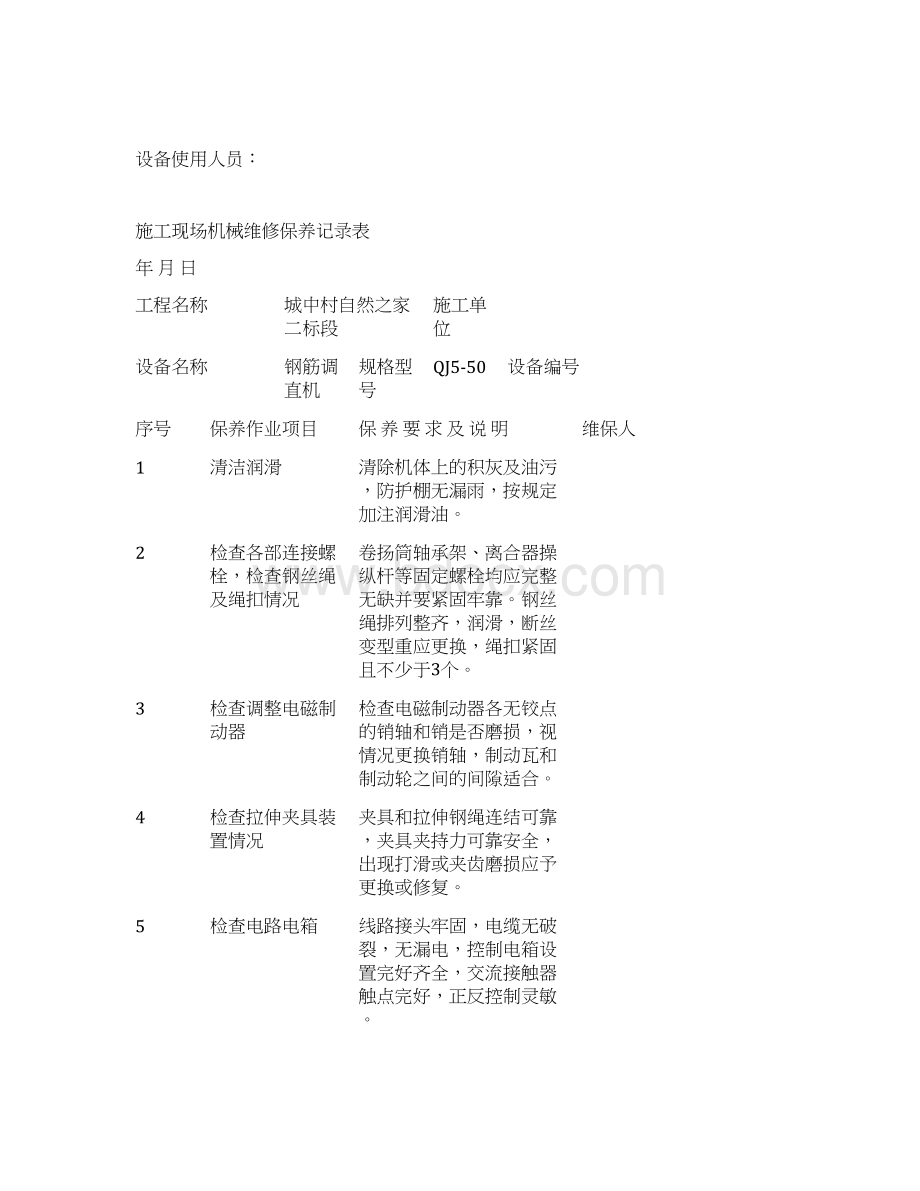 施工现场机械设备维修保养记录表Word格式文档下载.docx_第2页