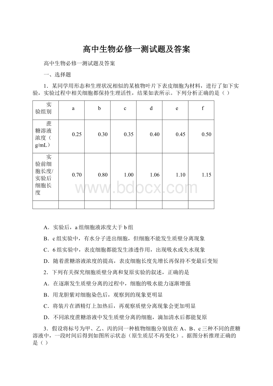 高中生物必修一测试题及答案文档格式.docx