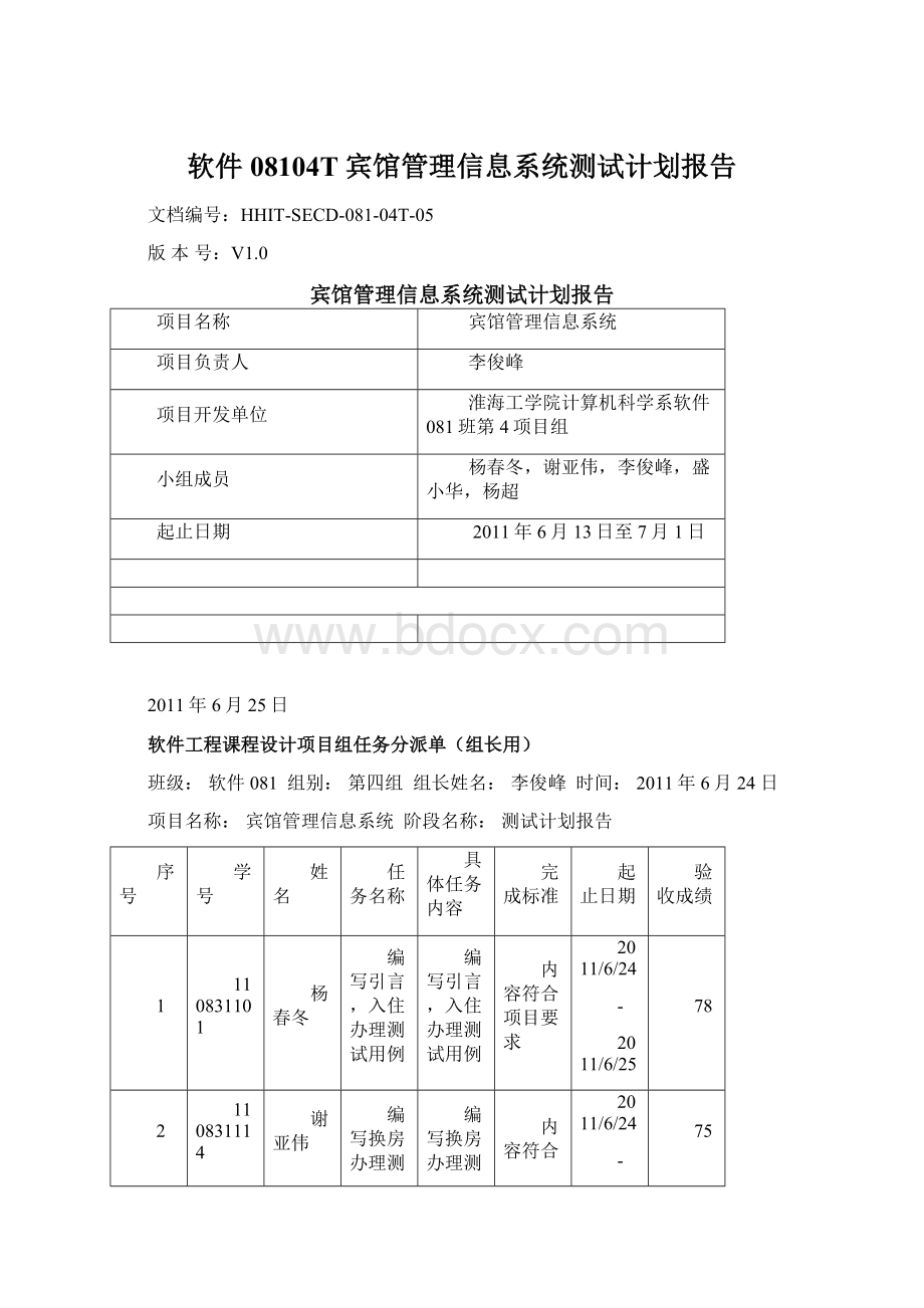 软件08104T宾馆管理信息系统测试计划报告.docx