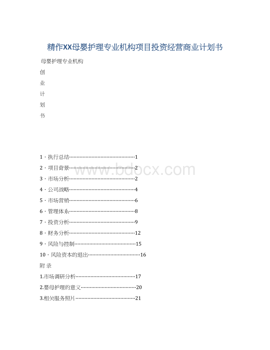 精作XX母婴护理专业机构项目投资经营商业计划书Word文件下载.docx