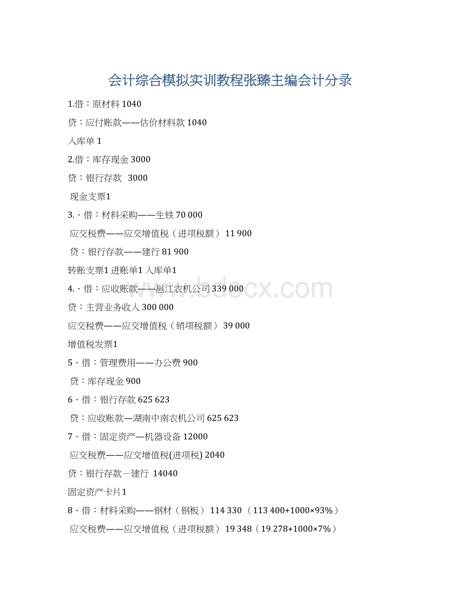 会计综合模拟实训教程张臻主编会计分录Word格式文档下载.docx