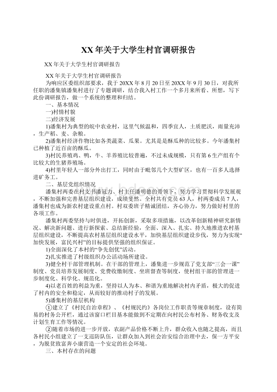 XX年关于大学生村官调研报告Word文档格式.docx_第1页