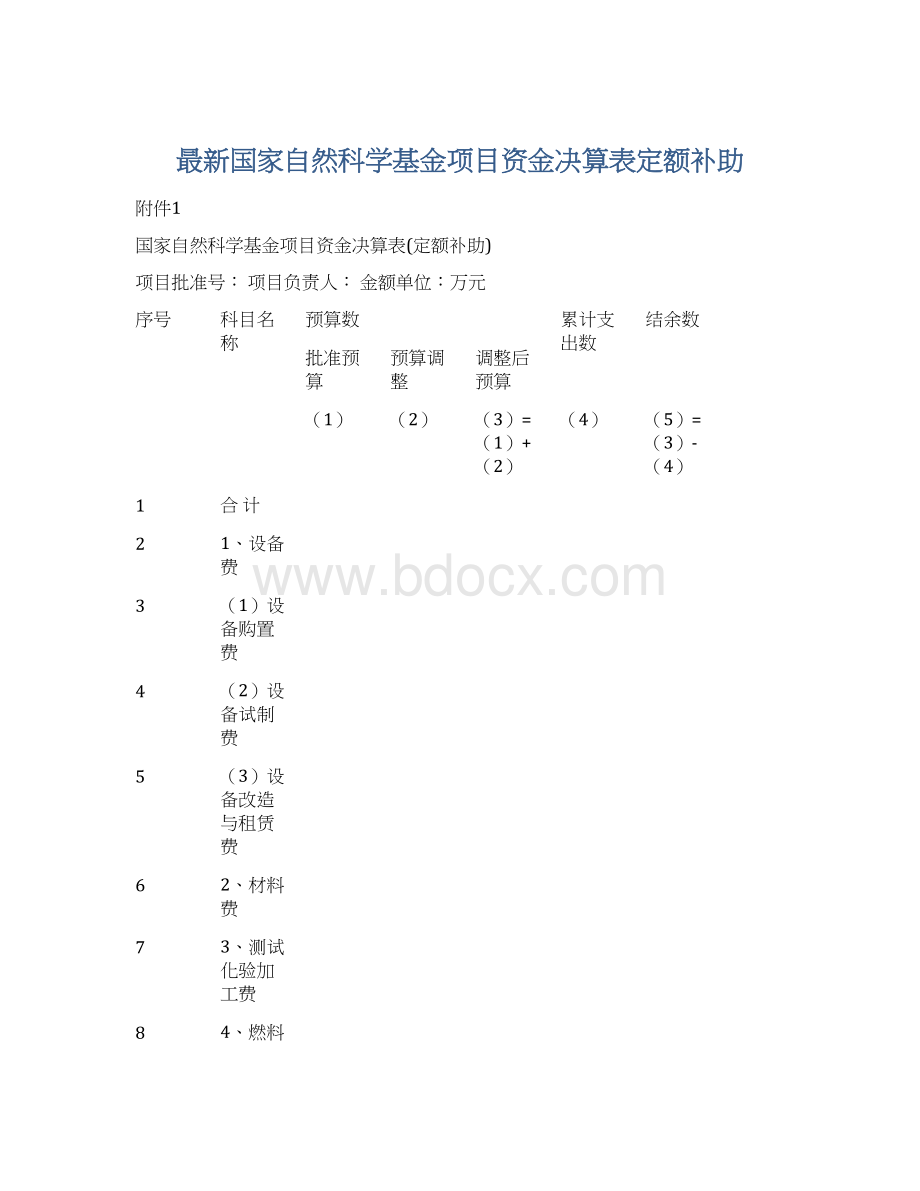 最新国家自然科学基金项目资金决算表定额补助.docx