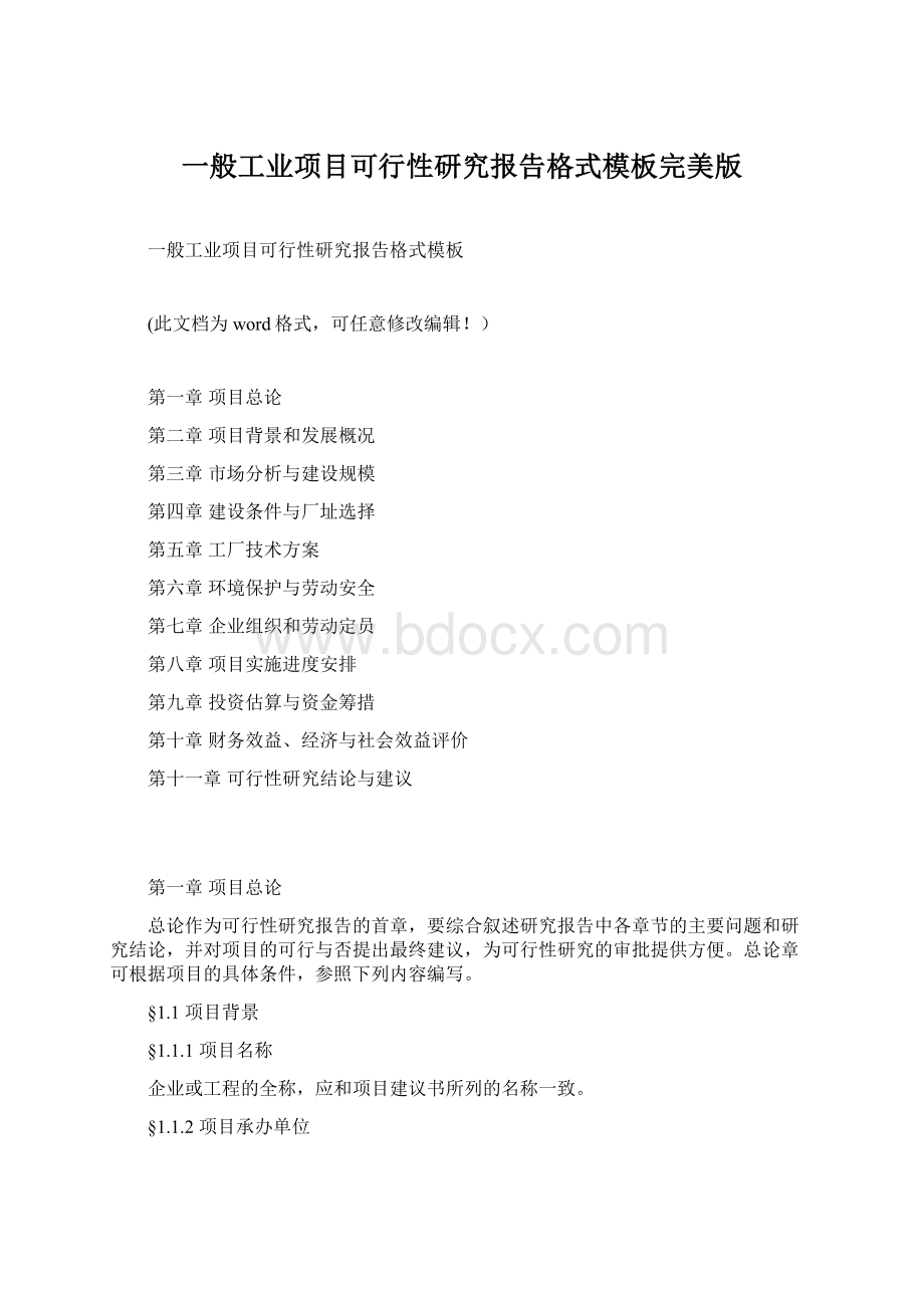 一般工业项目可行性研究报告格式模板完美版Word格式.docx