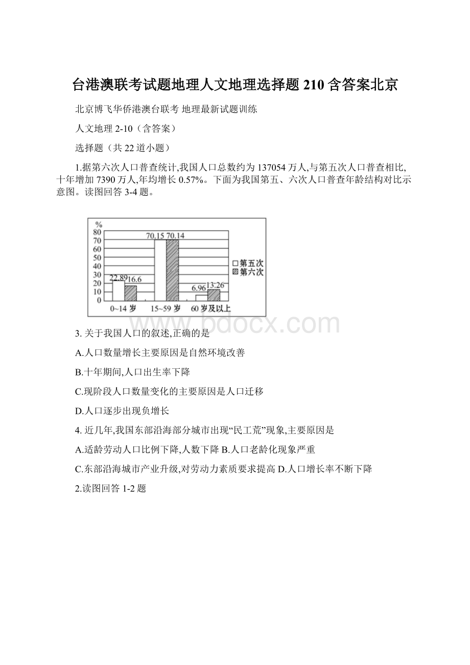 台港澳联考试题地理人文地理选择题210含答案北京Word文件下载.docx