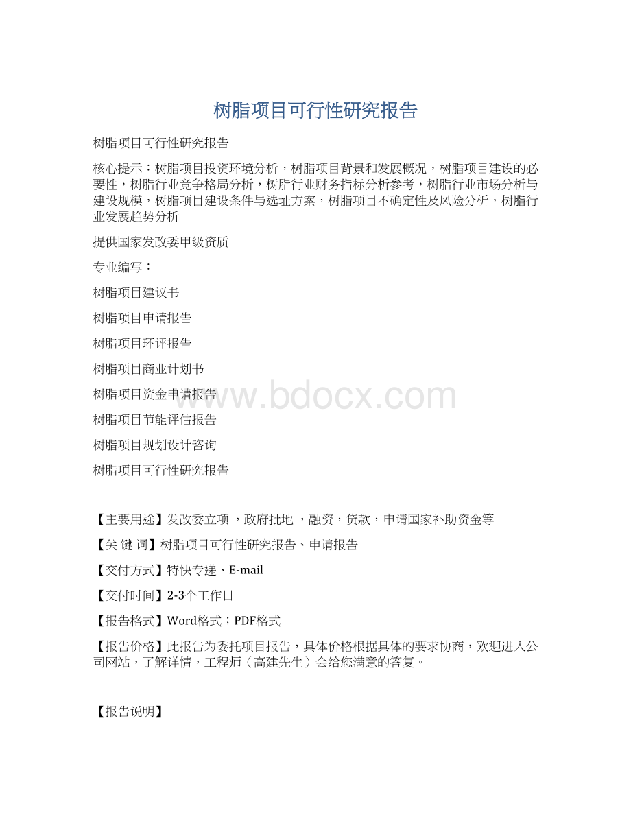 树脂项目可行性研究报告Word文件下载.docx