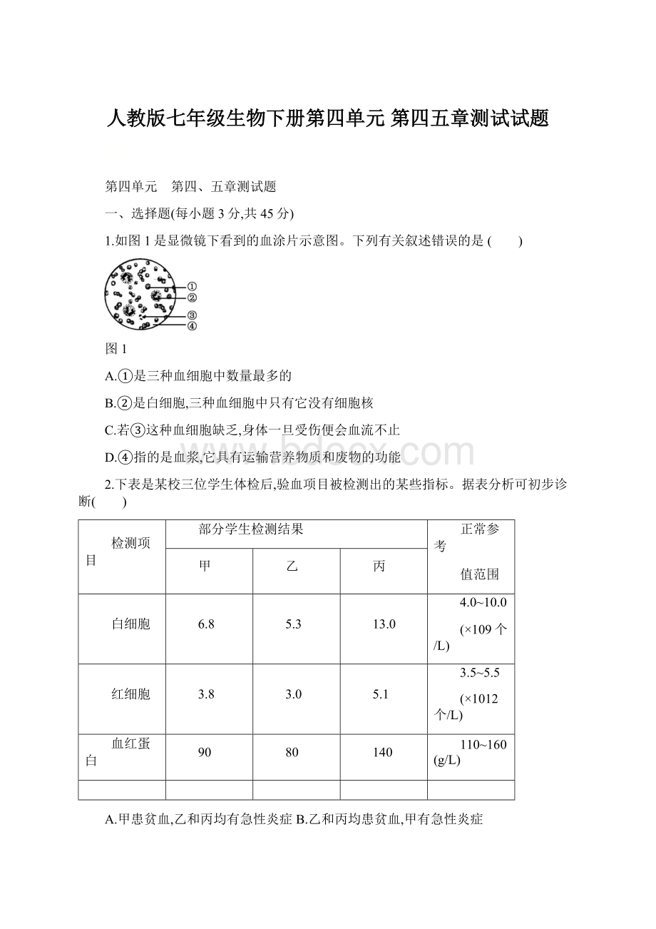 人教版七年级生物下册第四单元 第四五章测试试题Word下载.docx