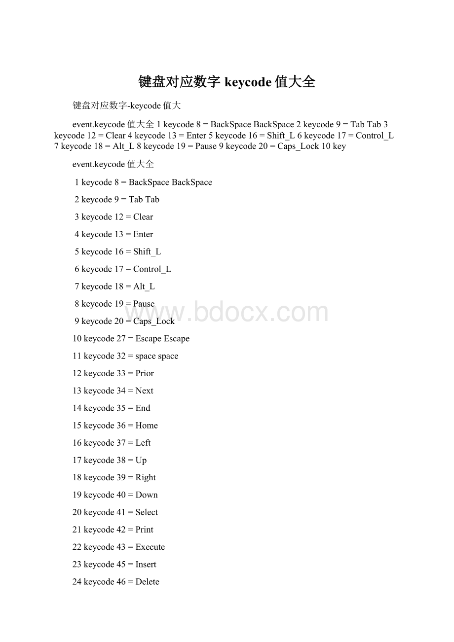 键盘对应数字keycode值大全Word格式文档下载.docx_第1页