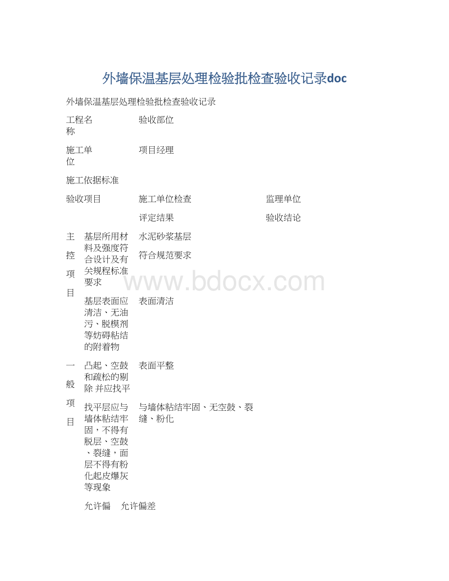 外墙保温基层处理检验批检查验收记录docWord格式文档下载.docx_第1页