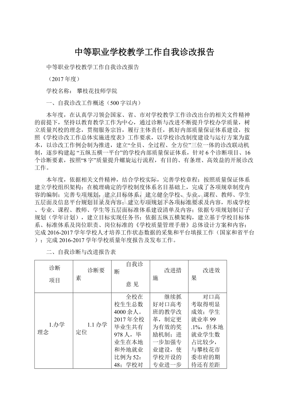 中等职业学校教学工作自我诊改报告Word文档格式.docx