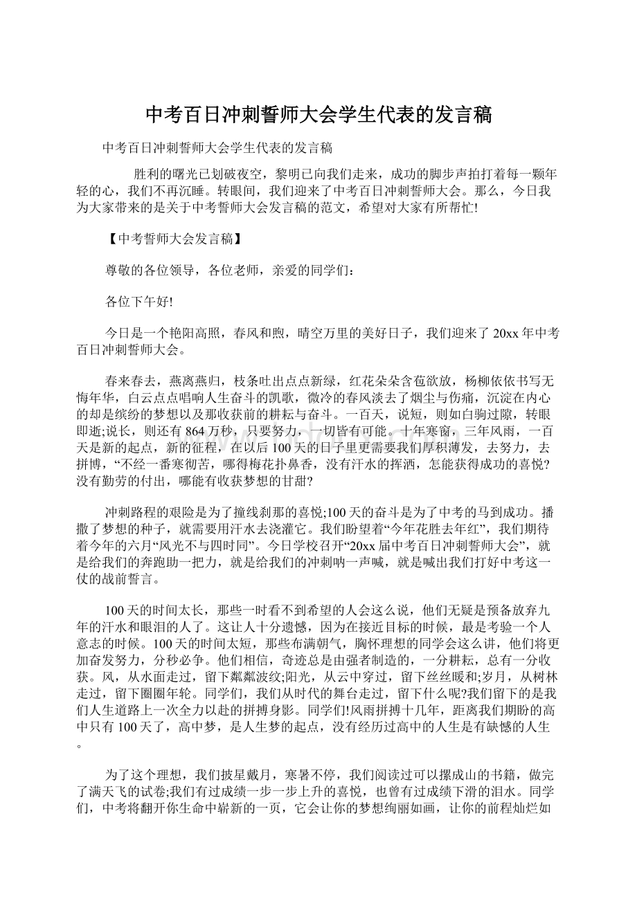 中考百日冲刺誓师大会学生代表的发言稿Word文档格式.docx