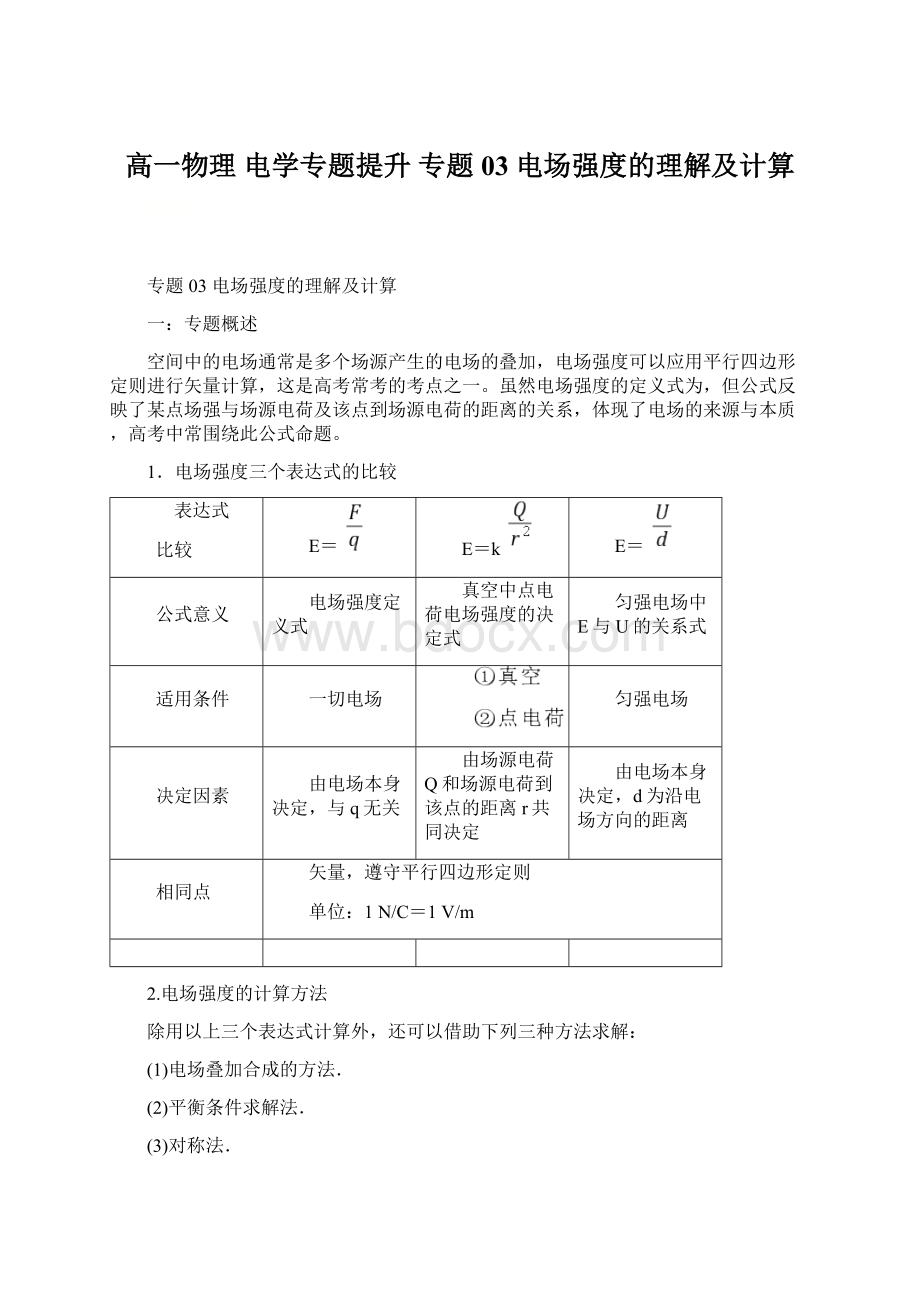 高一物理 电学专题提升 专题03 电场强度的理解及计算.docx