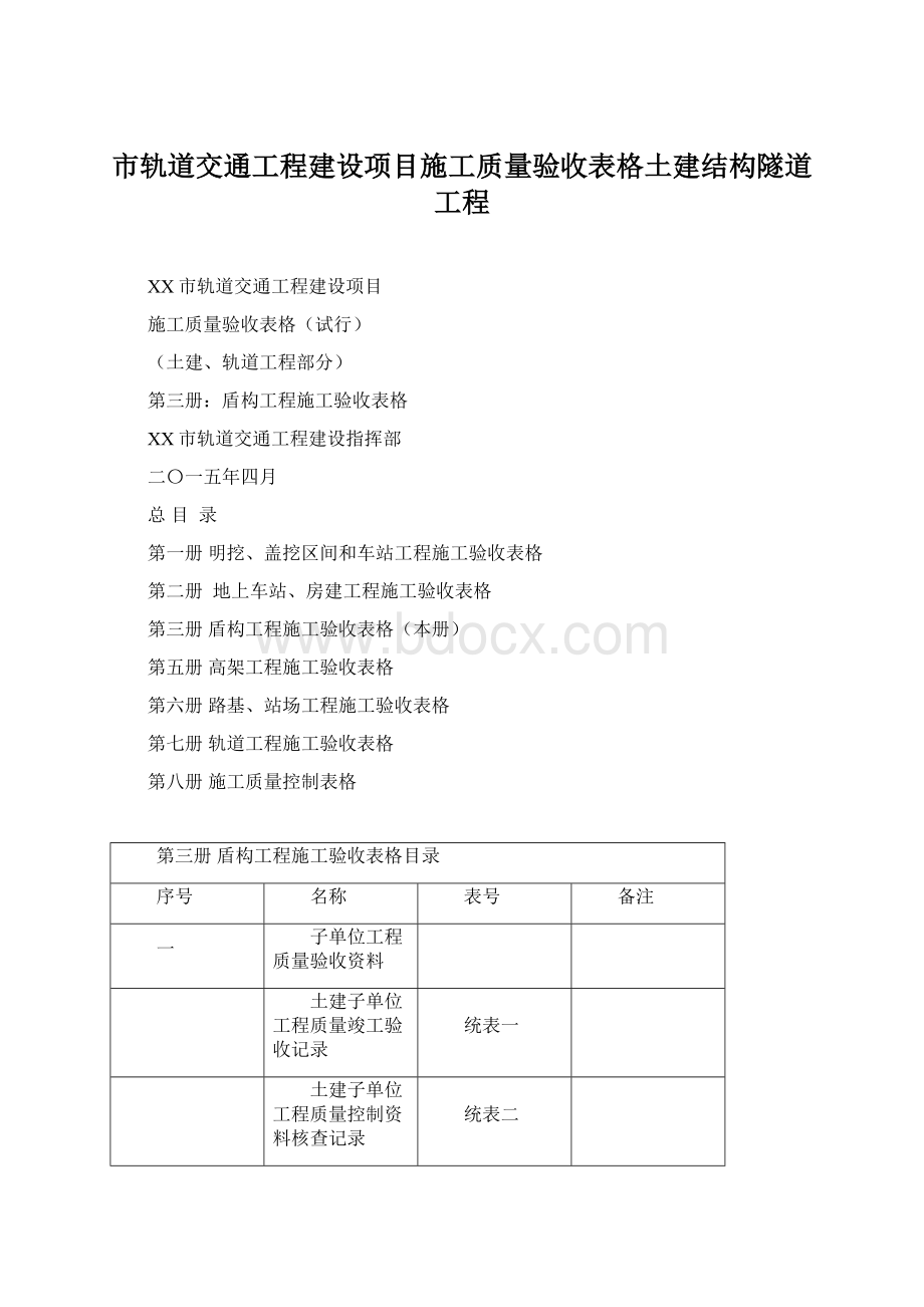 市轨道交通工程建设项目施工质量验收表格土建结构隧道工程Word文档格式.docx_第1页