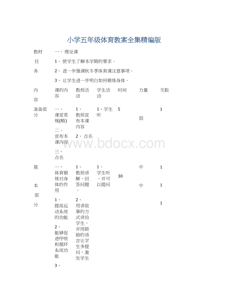 小学五年级体育教案全集精编版Word文档下载推荐.docx_第1页