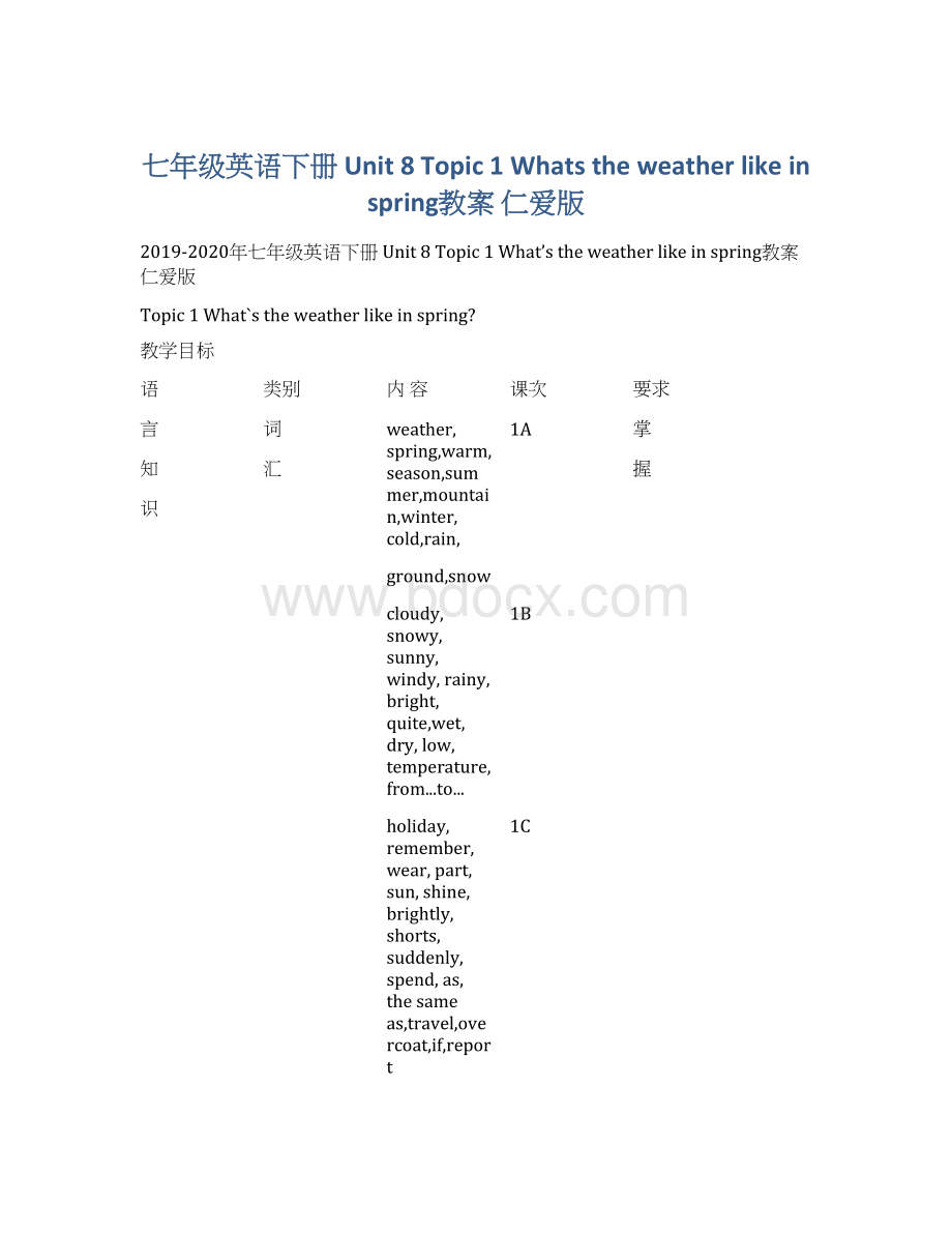 七年级英语下册 Unit 8 Topic 1 Whats the weather like in spring教案 仁爱版.docx_第1页