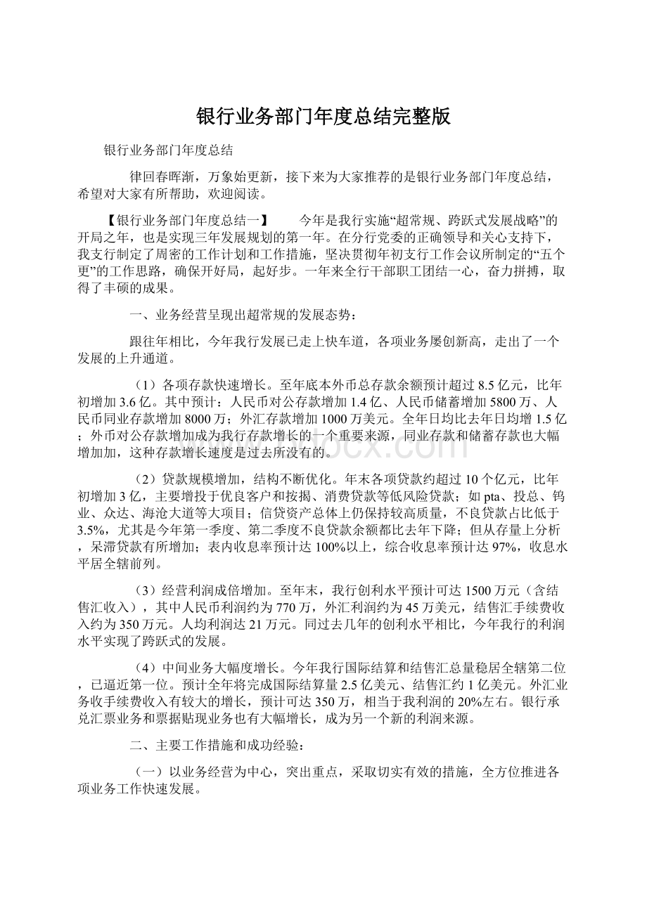 银行业务部门年度总结完整版文档格式.docx