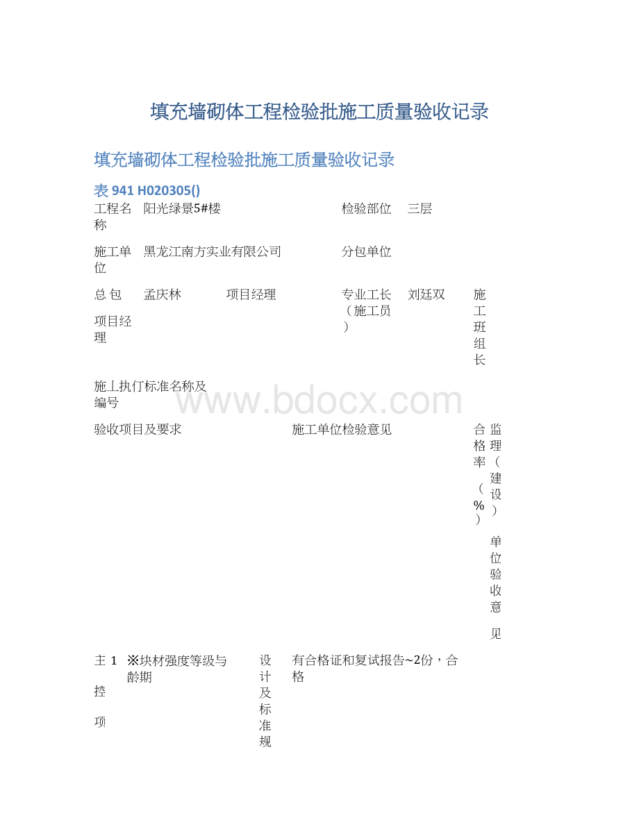 填充墙砌体工程检验批施工质量验收记录.docx