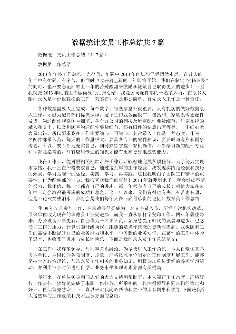 数据统计文员工作总结共7篇Word文档格式.docx_第1页