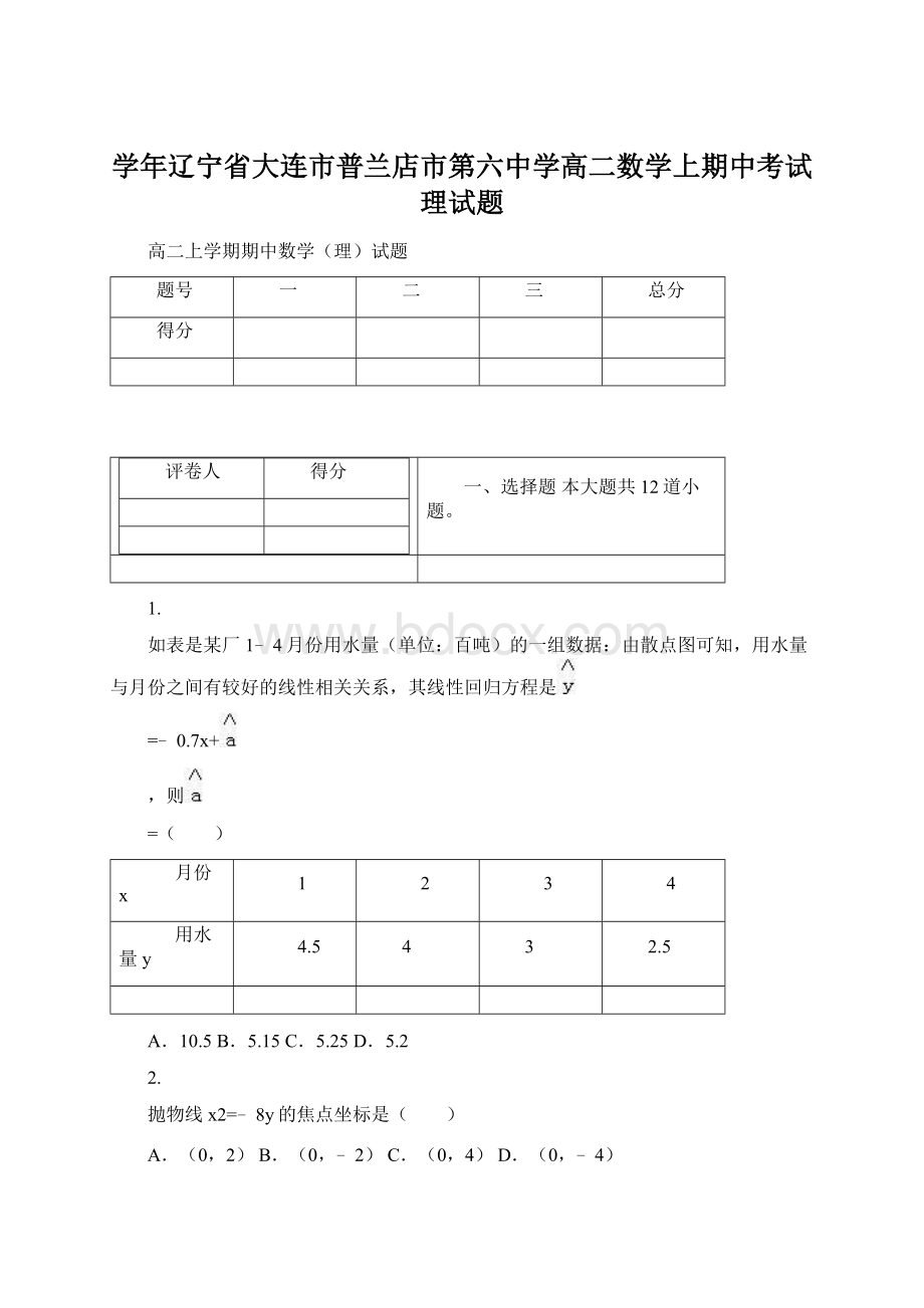 学年辽宁省大连市普兰店市第六中学高二数学上期中考试理试题Word格式文档下载.docx_第1页