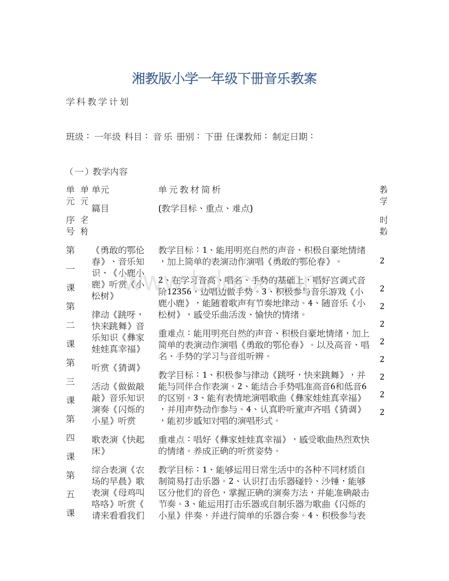 湘教版小学一年级下册音乐教案.docx