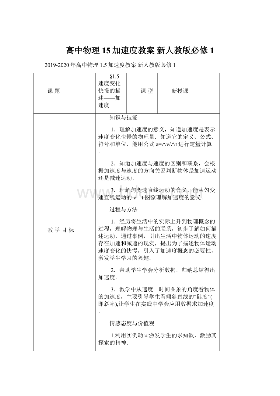 高中物理 15加速度教案 新人教版必修1Word文件下载.docx_第1页