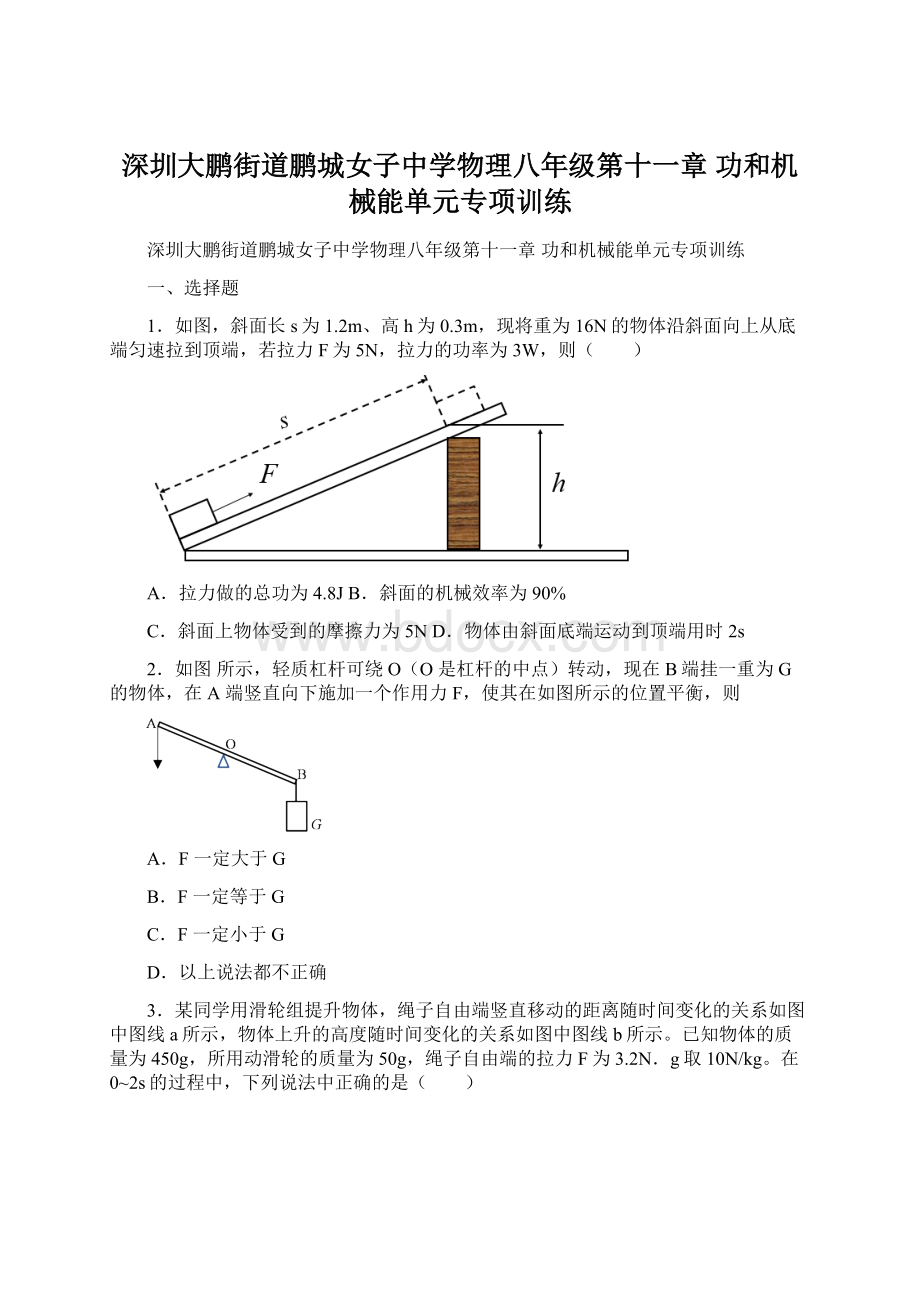 深圳大鹏街道鹏城女子中学物理八年级第十一章 功和机械能单元专项训练.docx_第1页