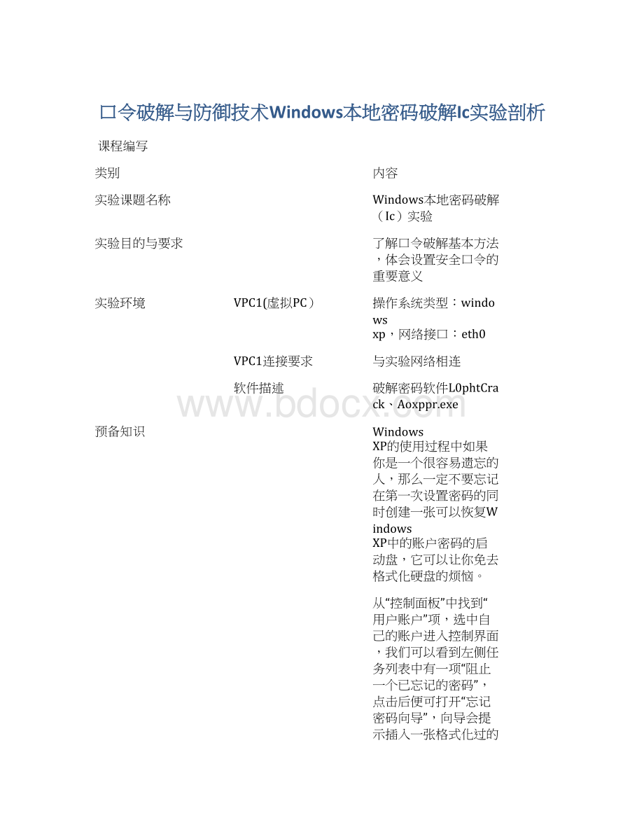 口令破解与防御技术Windows本地密码破解Ic实验剖析Word文档下载推荐.docx_第1页