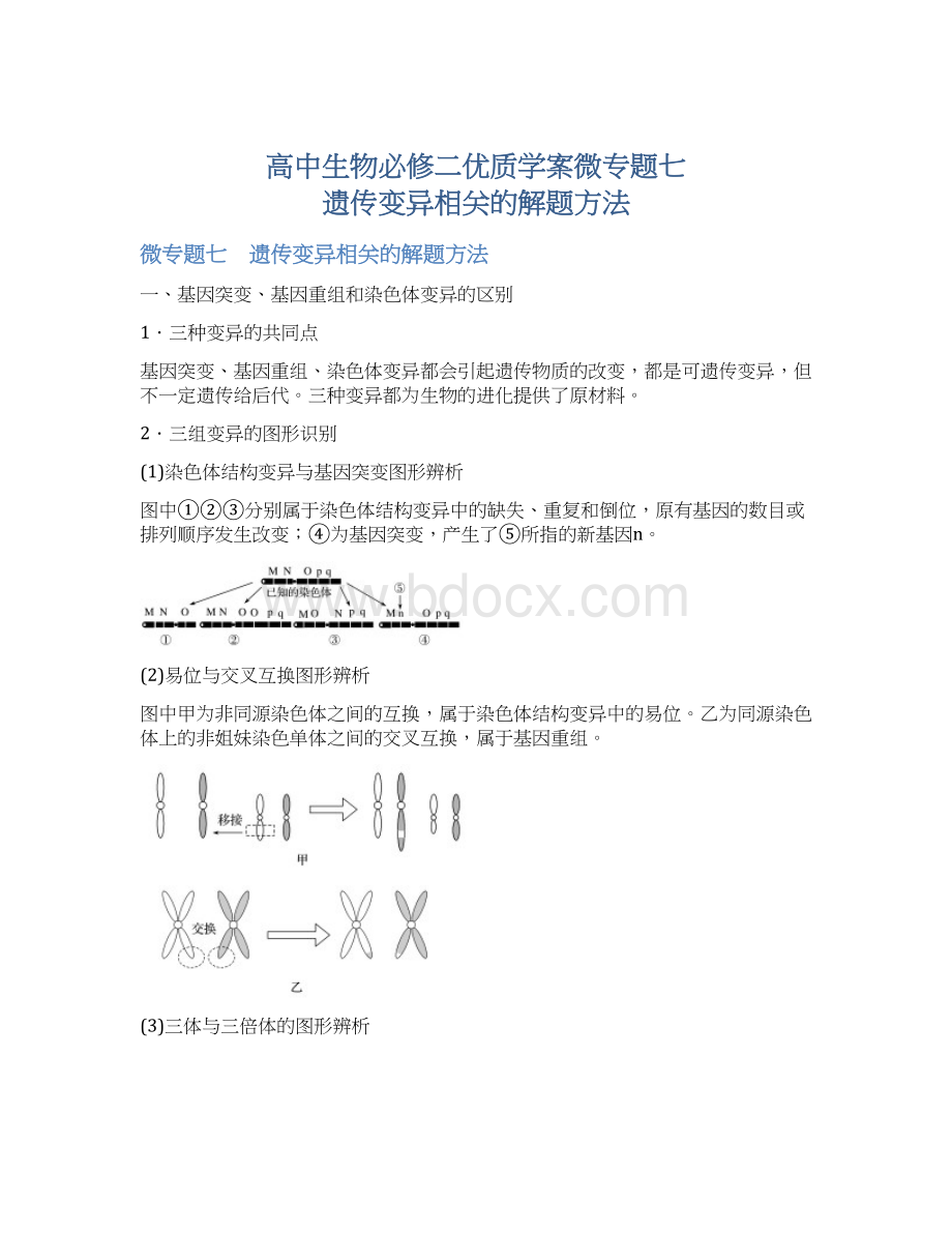 高中生物必修二优质学案微专题七 遗传变异相关的解题方法文档格式.docx