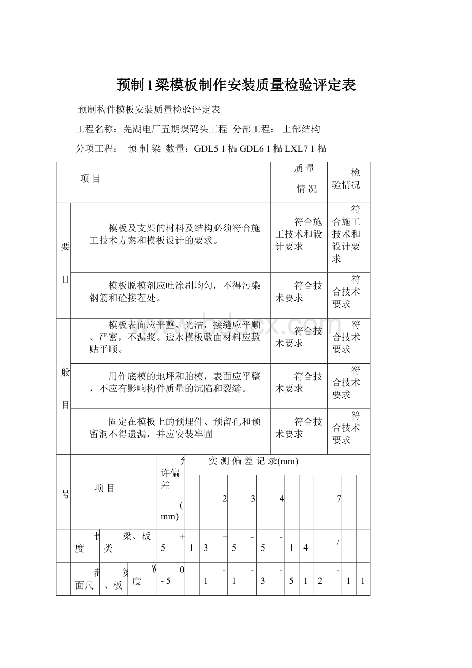 预制l梁模板制作安装质量检验评定表.docx