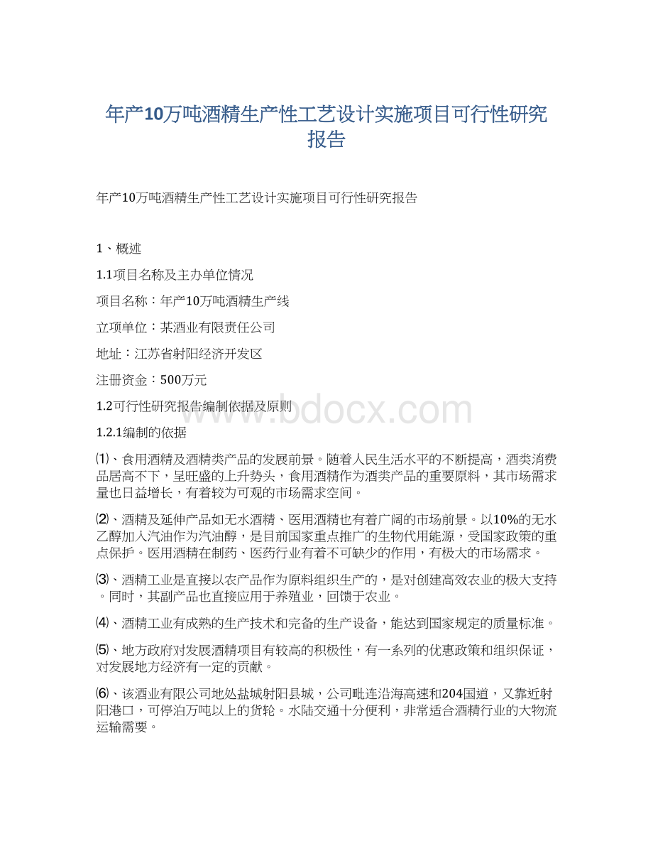 年产10万吨酒精生产性工艺设计实施项目可行性研究报告.docx