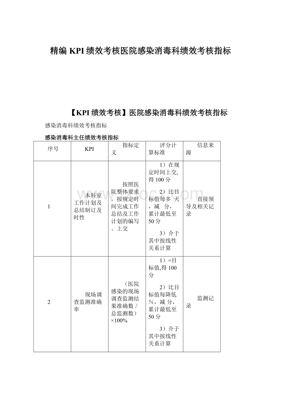 精编KPI绩效考核医院感染消毒科绩效考核指标Word下载.docx_第1页