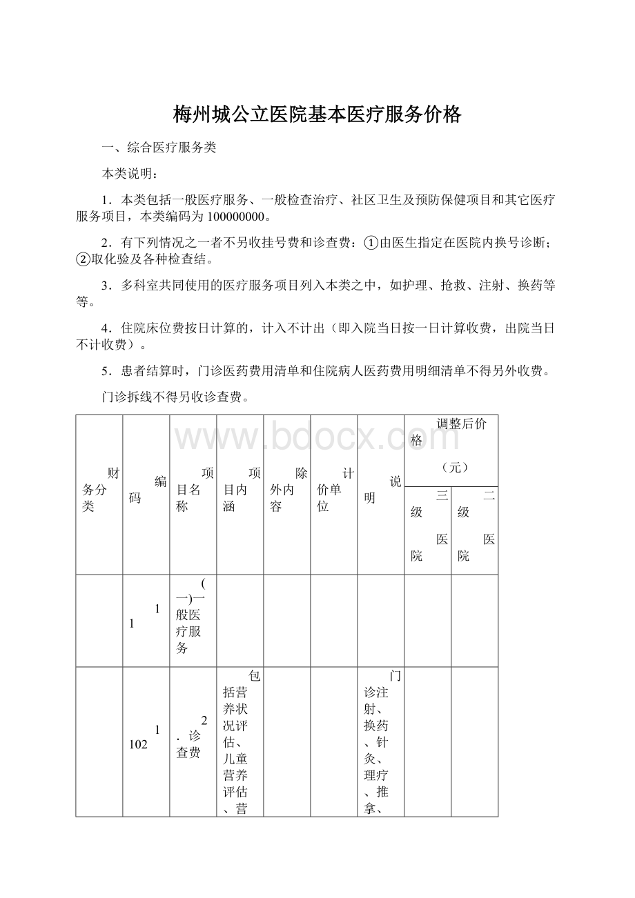 梅州城公立医院基本医疗服务价格Word文档格式.docx