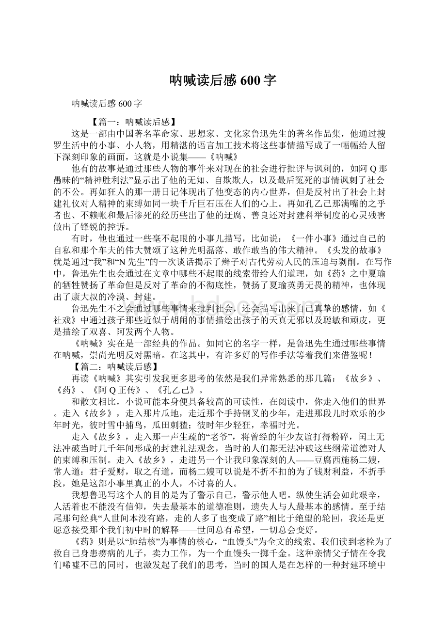 呐喊读后感600字Word文档格式.docx