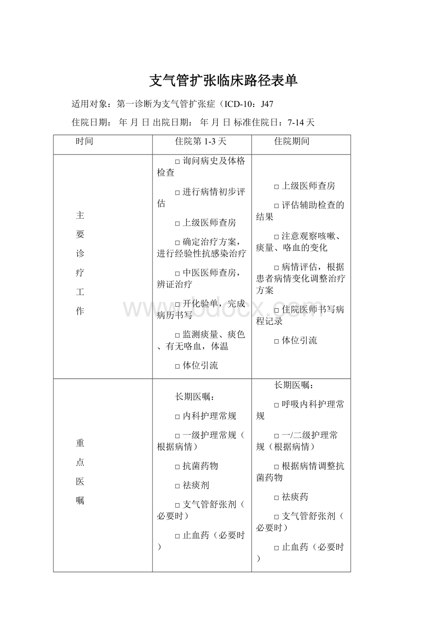 支气管扩张临床路径表单.docx