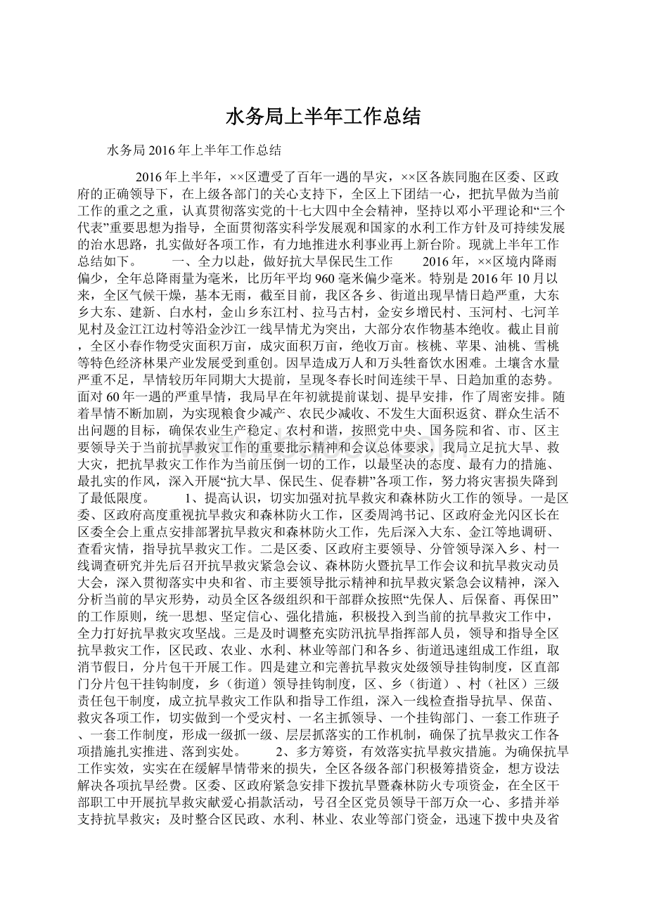 水务局上半年工作总结Word文档下载推荐.docx