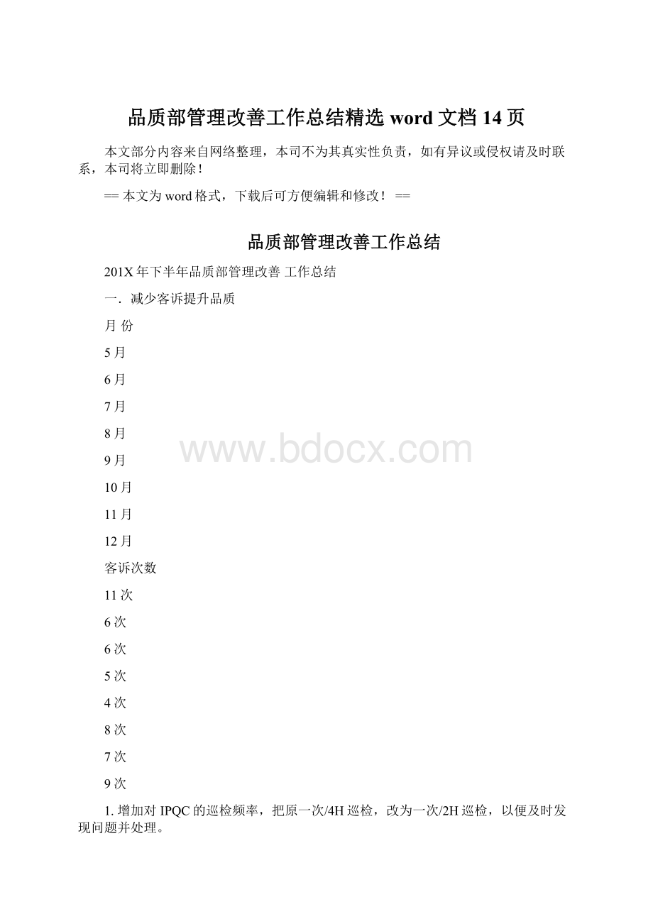 品质部管理改善工作总结精选word文档 14页.docx