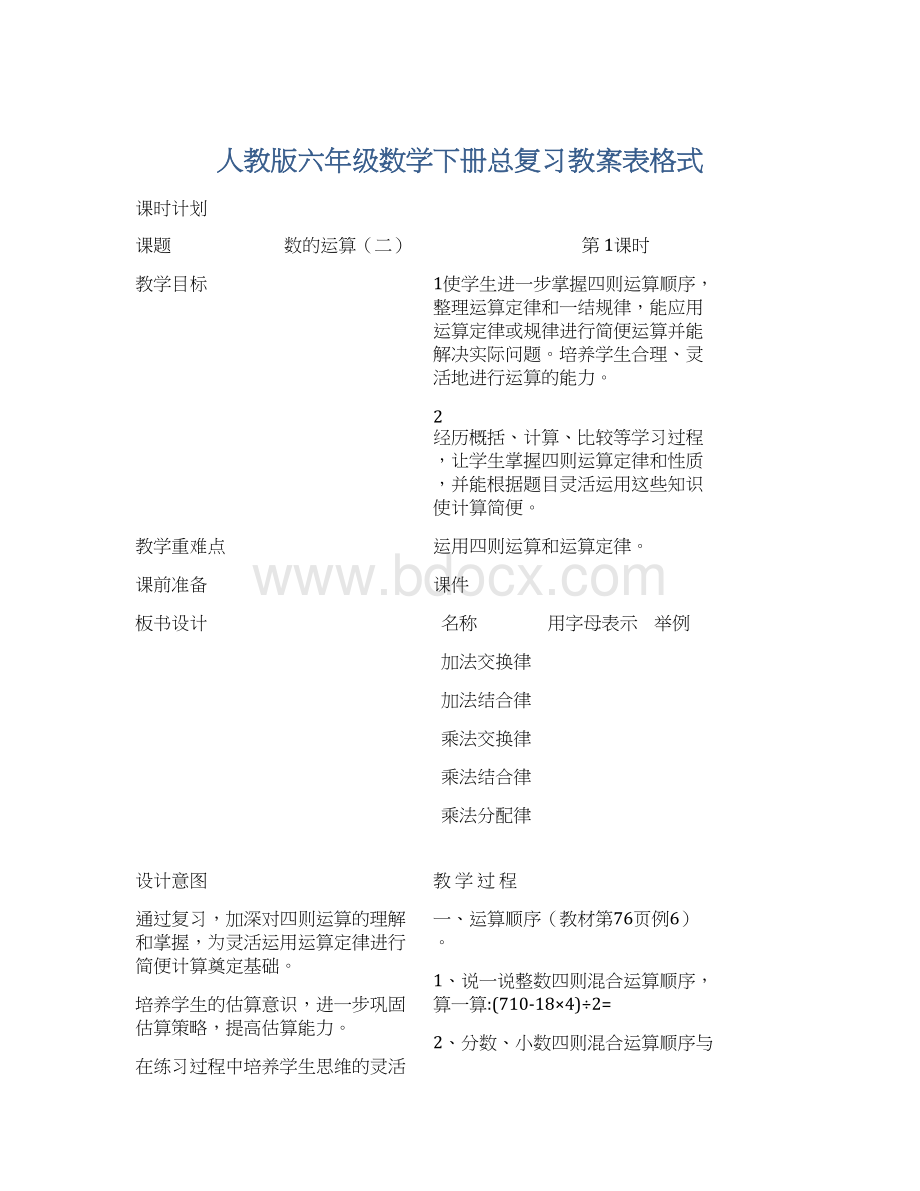 人教版六年级数学下册总复习教案表格式.docx