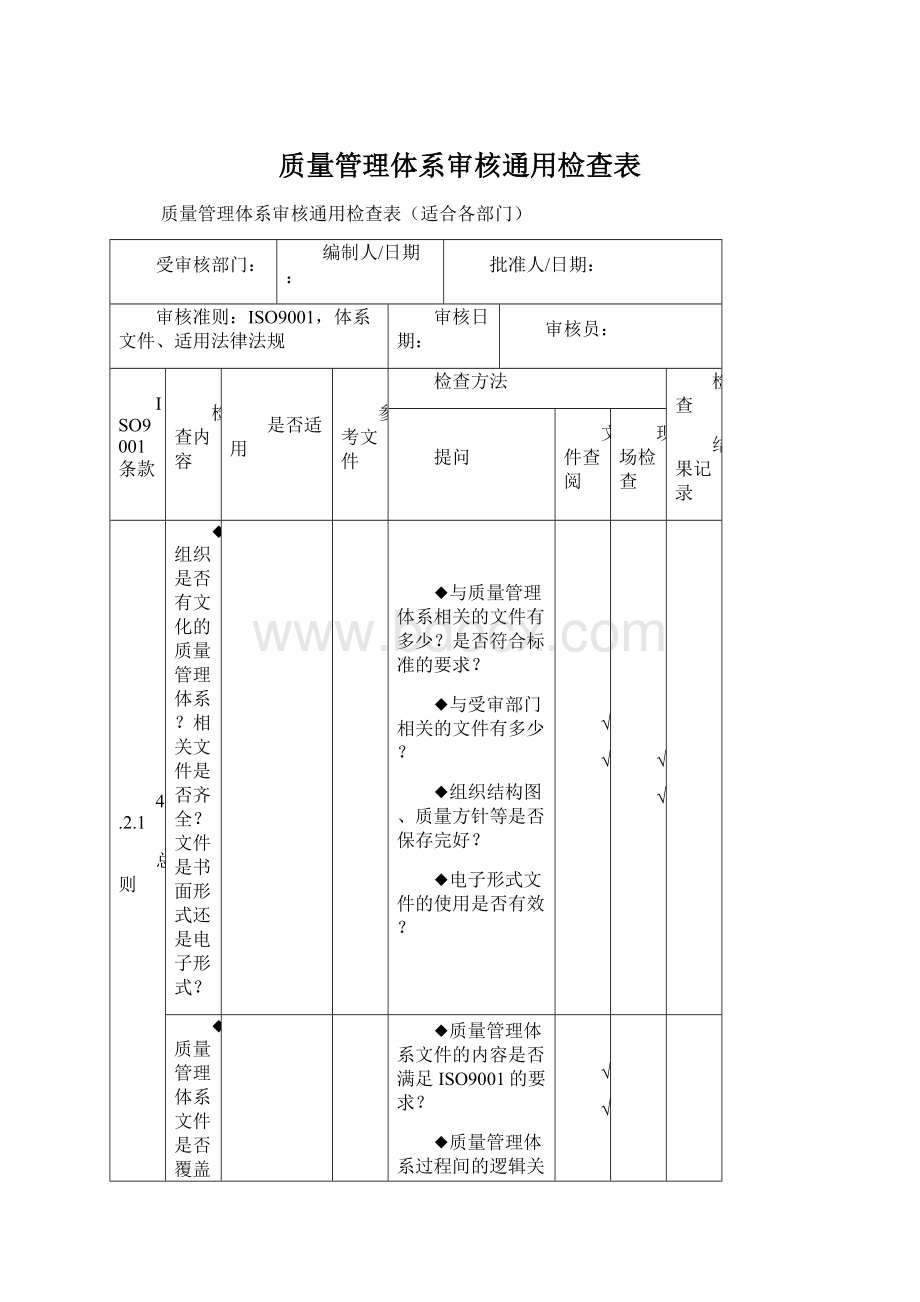 质量管理体系审核通用检查表Word格式.docx